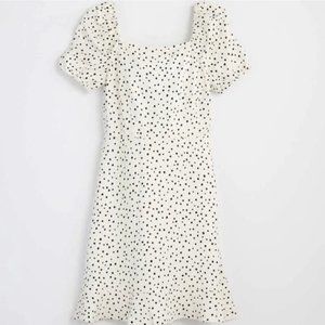 White Puff-Sleeve Dress with Black Polka Dots